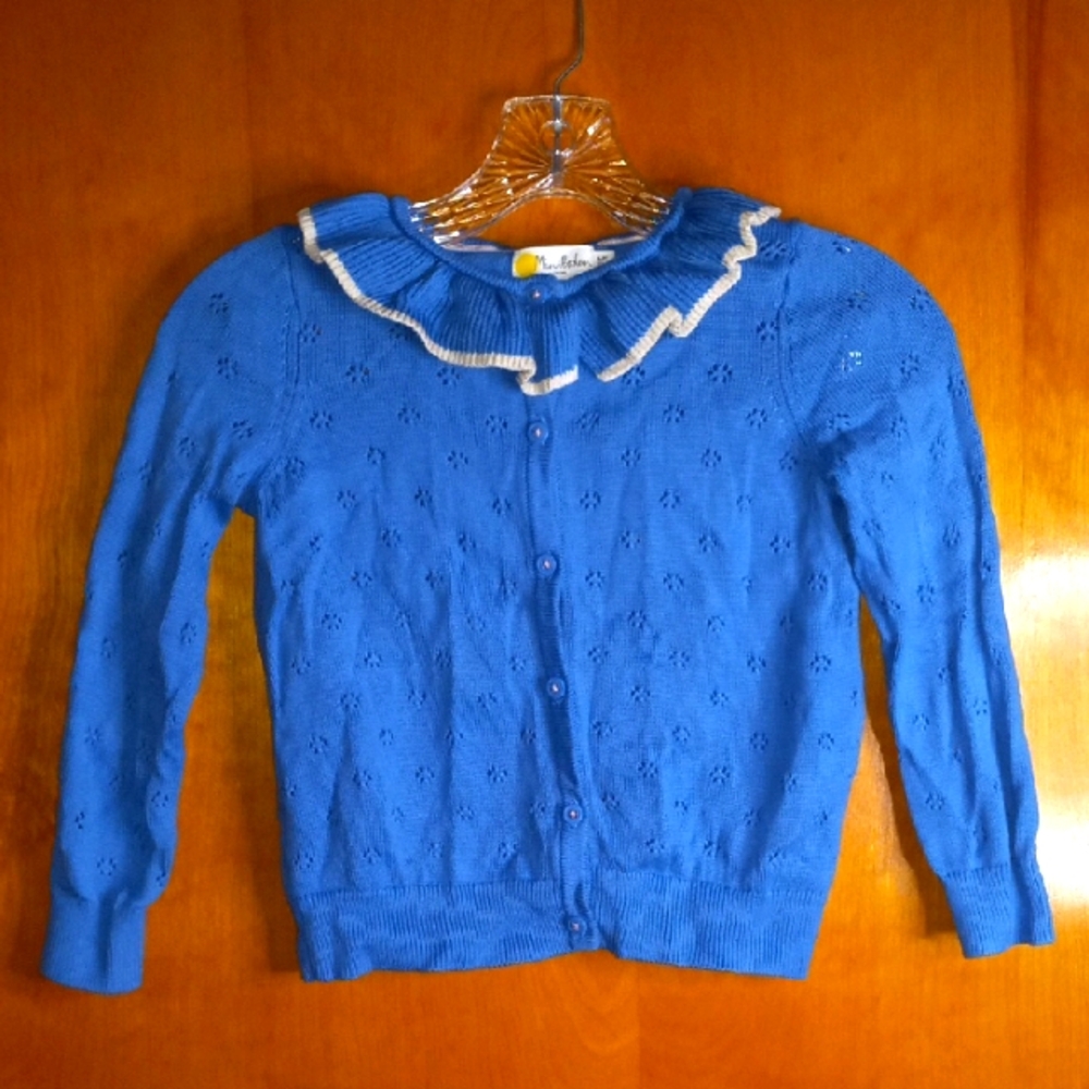 Mini Boden Blue Ruffled Eyelet Sweater Sz. 6/7
